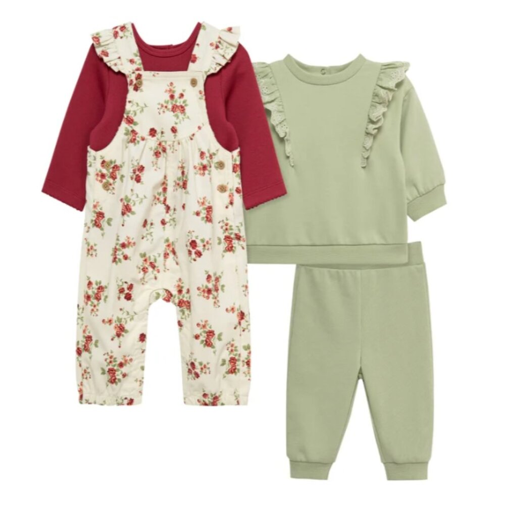 NWT Little Me 4-piece Green Ruffle Floral Corduroy Coverall Set Size 3M